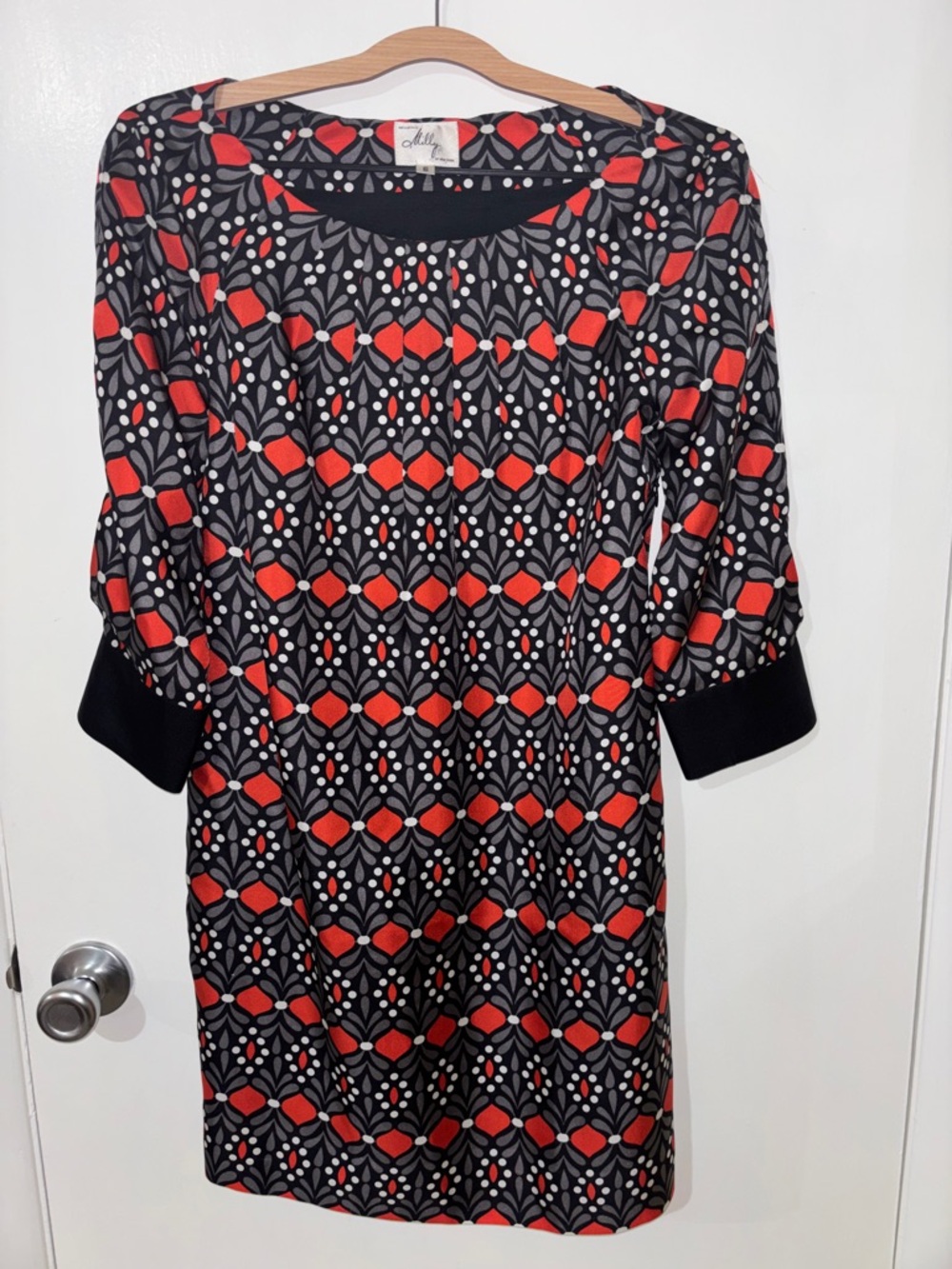 Milly of New York Black, Red & Gray Geometric Midi Dress